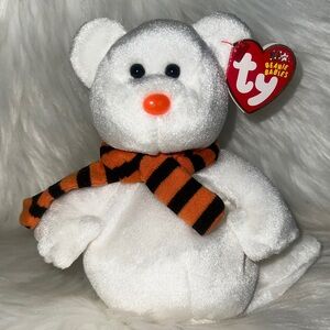 TY Beanie Babies “QUIVERS” Halloween White Bear with Striped Scarf